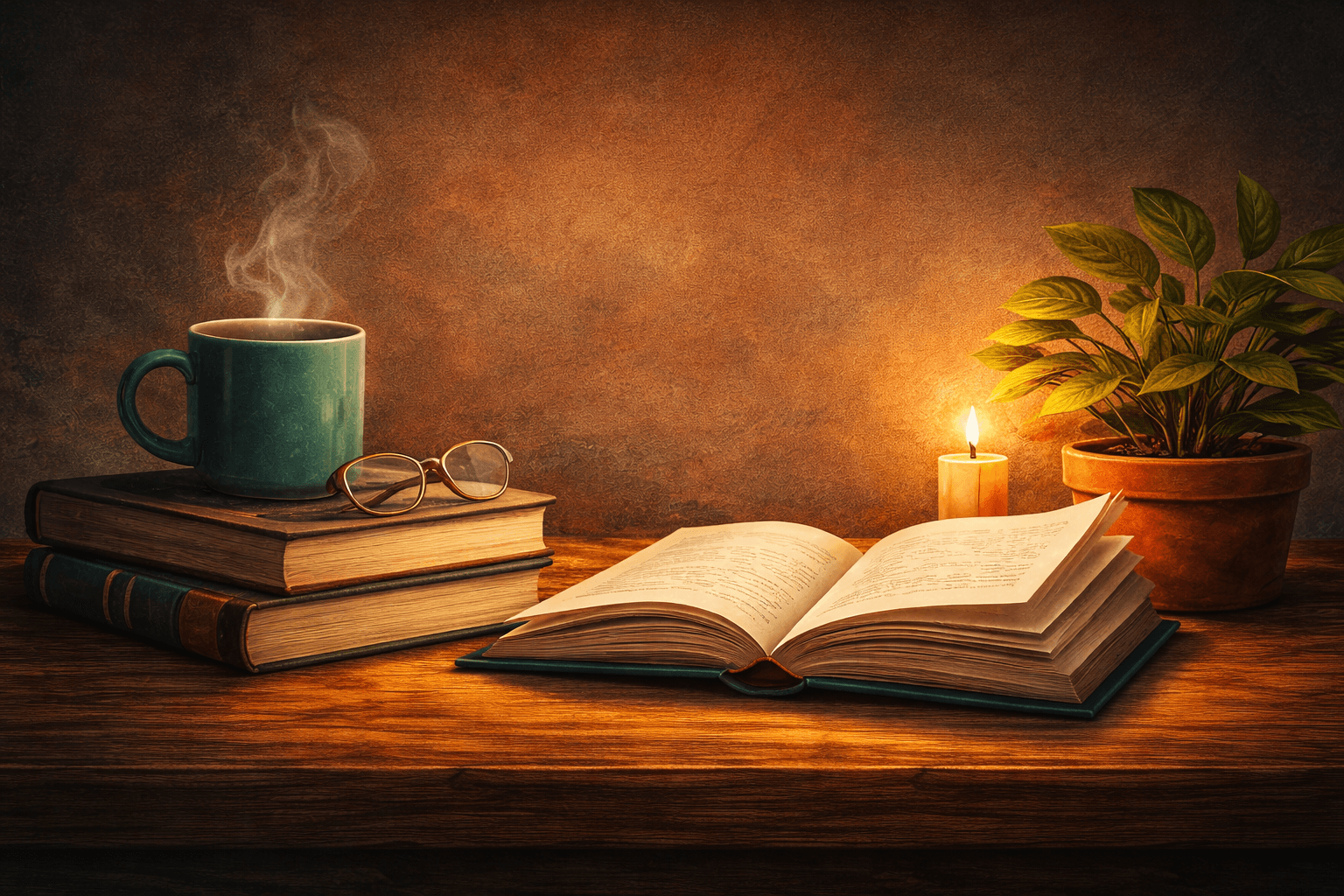 Cozy reading scene with books, mug, and candle